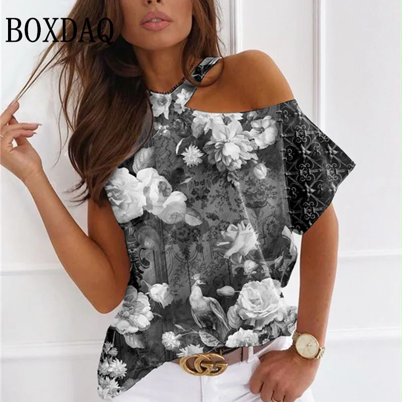 

Футболка женская с открытым плечом, пикантный топ с цветочным принтом белой розы, свободная рубашка в стиле Харадзюку, с коротким рукавом, н...