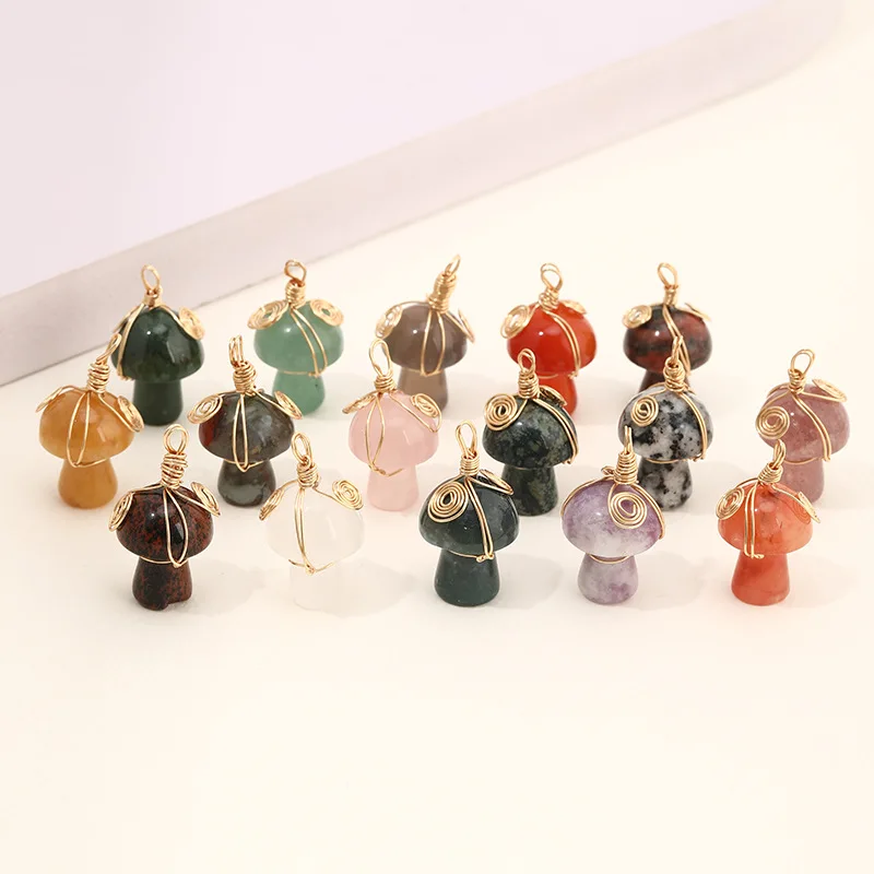 

20pc Gold Wire Wrap Carved Mushroom Natural Stone Charms Agates Crystal Pendant for Jewelry Making Bulk 20x15MM