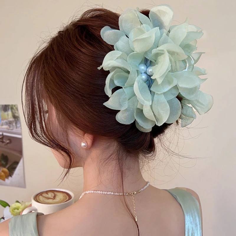 Женская Яркая розовая шифоновая Цветочная заколка для волос девушек