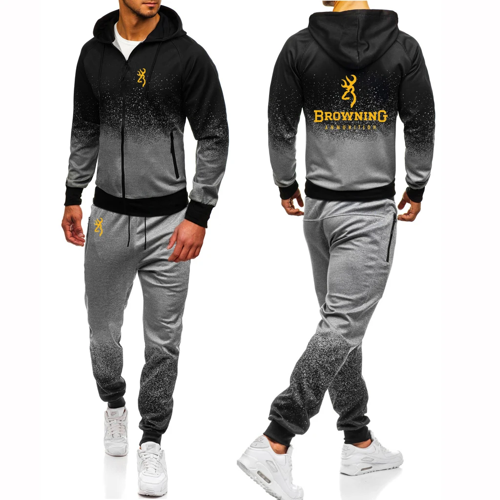 

2023 Spring Autumn Men's BROWNING Logo Print Sports Hooded Cardigan Zipper Jackets+Jogging Leisure Sweatpants Gradient Color Set