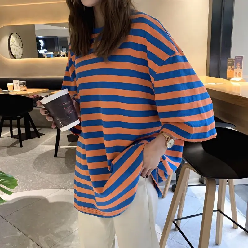 

Футболка женская оверсайз в полоску, с коротким рукавом, в Корейском стиле