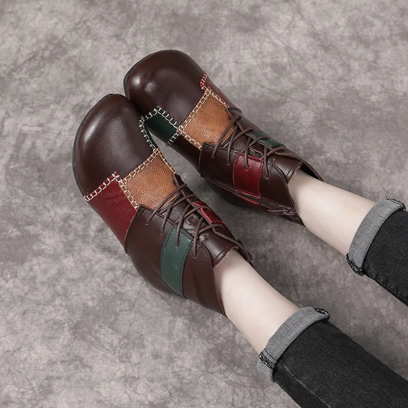 2022 New Autumn Winter Women Boots Retro Ethnic Style Patchwork Leather Booties Fashion Ladies Low-heel Ankle Boots Comfy Soft