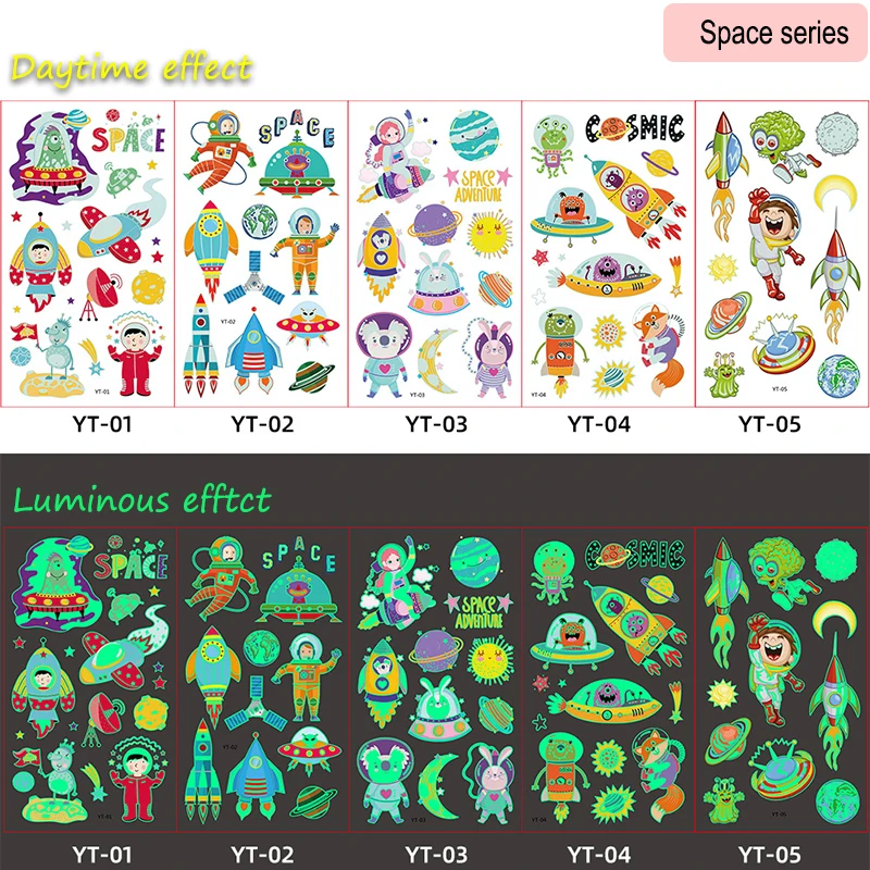 5 шт./лот светящаяся татуировка для лица Временный Цвет единорог динозавр Русалка