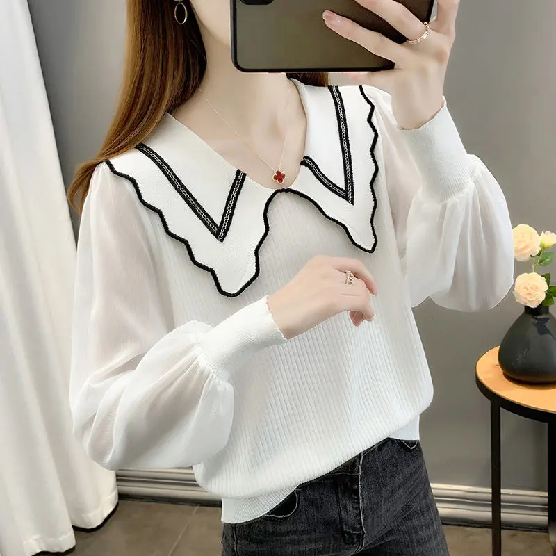 

Женские весенние модные тонкие трикотажные рубашки 2022, женские повседневные блузки, женские шифоновые рубашки с длинным рукавом, топы B41