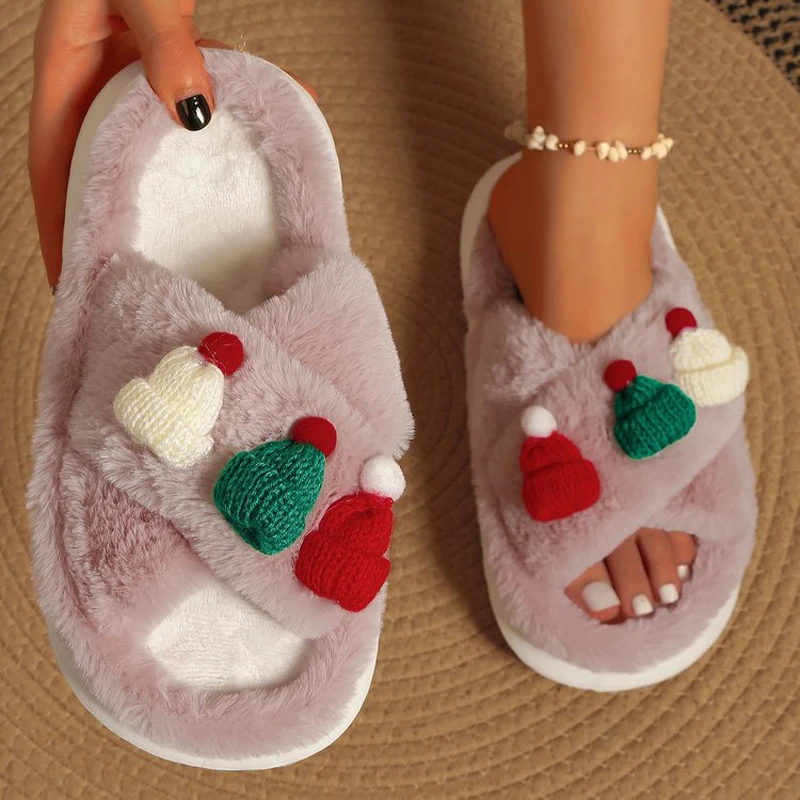 

2023 Autumn/Winter New Christmas Style Plush Slippers Open Toe Home Shoes Fashion Warm Cotton Shoes Plus Size