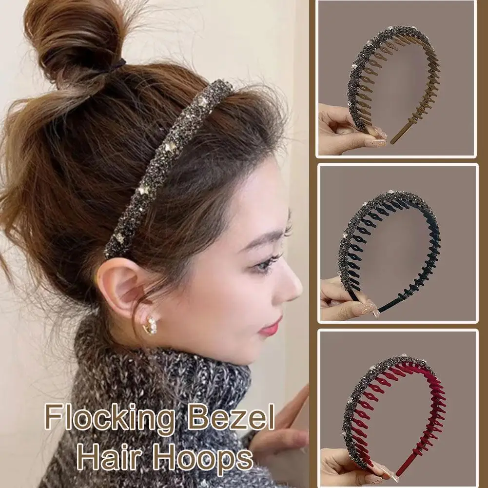 

Fashion Rhinestone Flocking Bezel Hair Hoops For Women Ladies Solid Color Toothed Non-Slip Headband Hair Band Hair Accessor H9V7