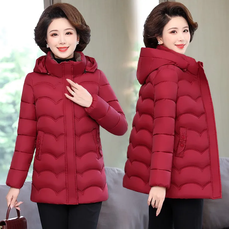 

Middle-aged Women Winter Short Jacket Hooded Cotton Winter Coat Woman Thick Casual Mother Jacket Women Parkas