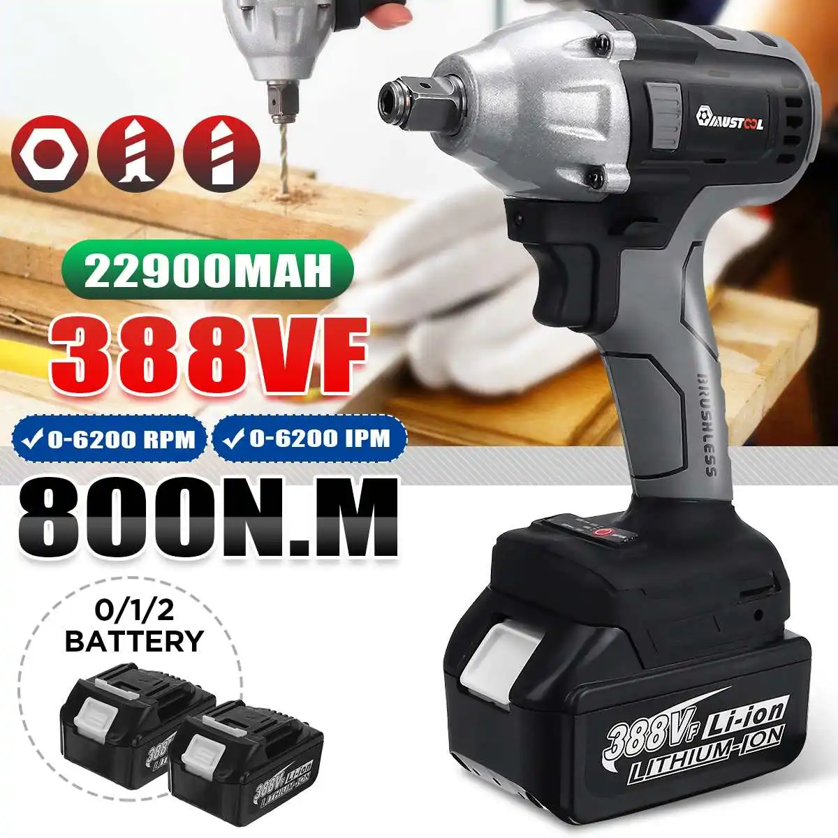 MUSTOOL 388vf 800N.M Brushless Cordless Electric Impact Wrench 1/2 inch Power Tools Lithium-ion Battery for Makita 18V Battery