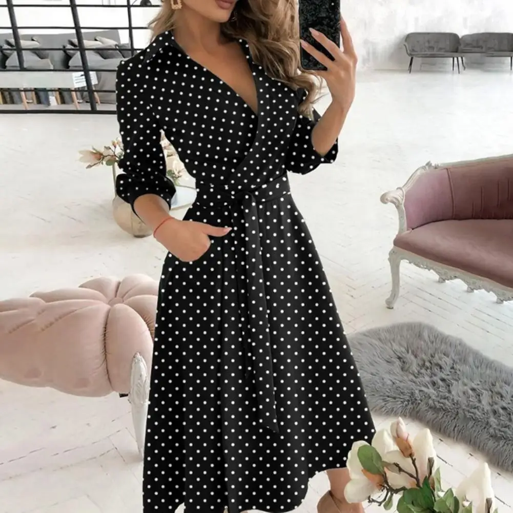 

Party Dress Long Sleeve Unfading Waist Belt Long Sleeve Pockets Large Hem Midi Dress Midi Dress for Spring/Summer
