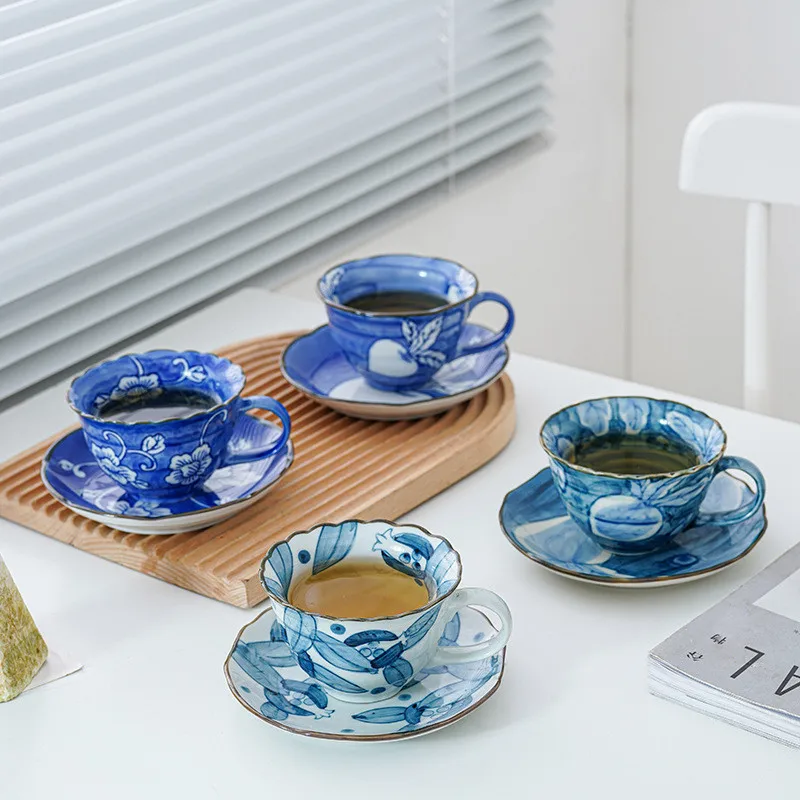 

Японская чаша для чая и блюдца, высокотемпературная кофейная чашка с подглазурью, ручной работы, кружка, десертное блюдо, чашка для завтрака...