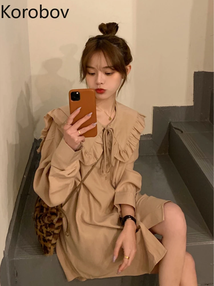 

Korobov Korean Doll Collar Tops Female Autumn 2022 New Temperament Blouses Side of Fungus Lace Loose Medium Length Shirt Camisas