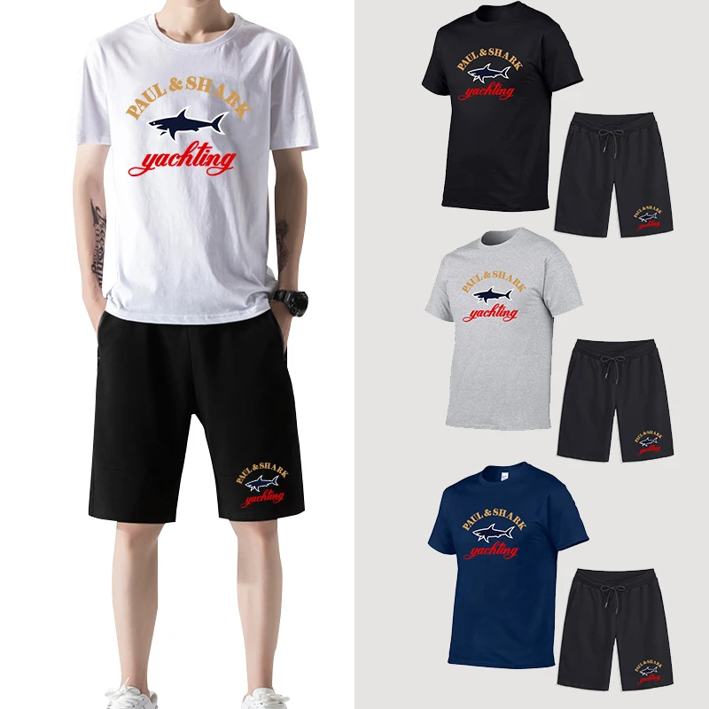 

Man Summer Cotton Tee Tops Knee-length Short Pants Mens T-shirt + Shorts Two Piece Sets Fashion Print Short Sleeves Streetwear