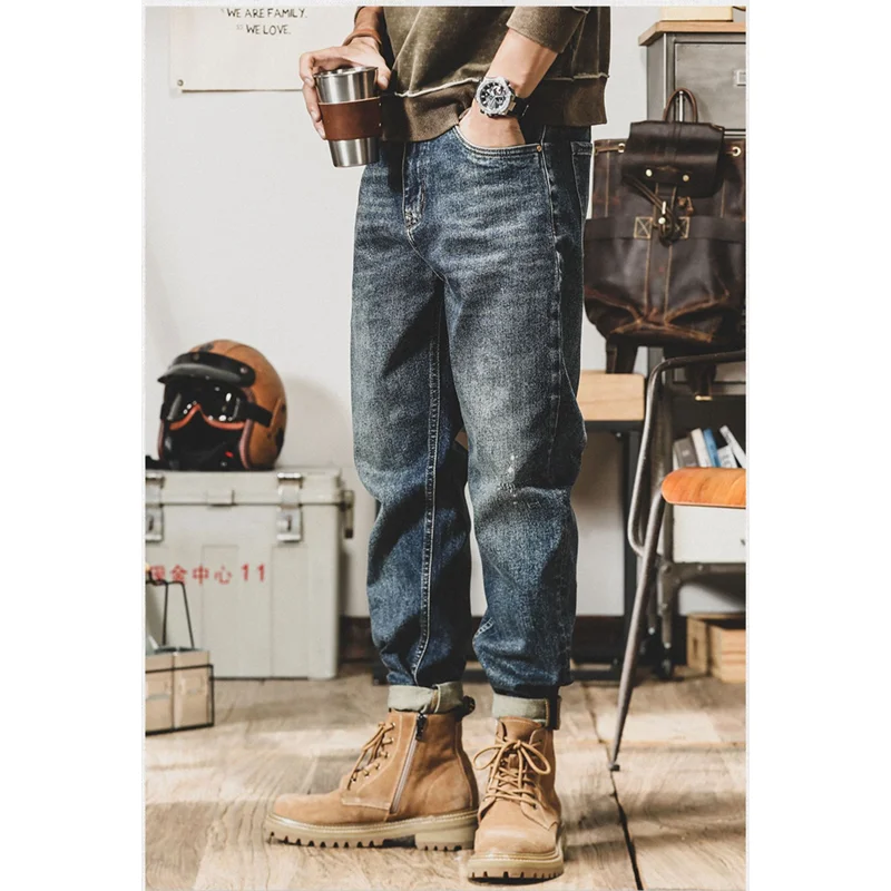 Streetwear Men 2022 New Pattern Recreational Blue Pants Elastic Force Straight Cylinder Comfortable Loose Jeans Autumn Female