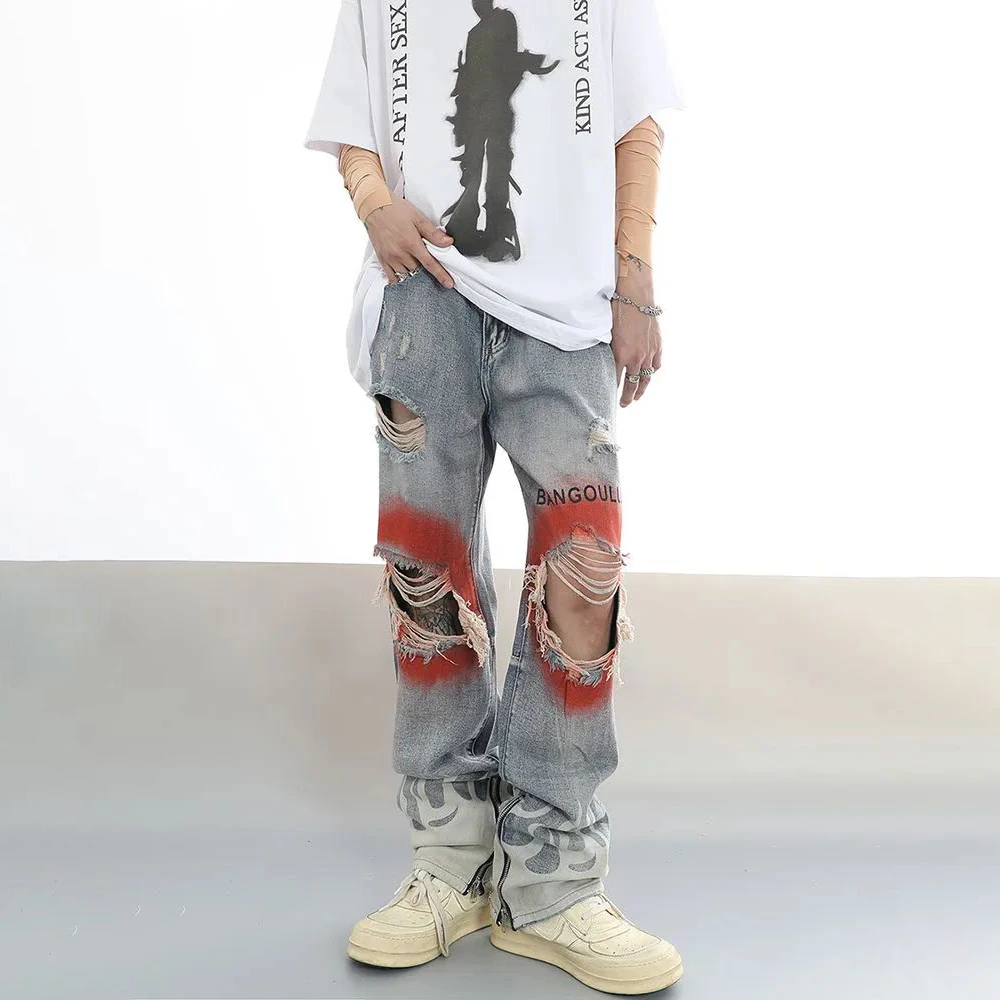 Men Street Hiphop Y2K Hole Flame Jeans Graffiti Printed Letter Retro Ripped Casual Trousers Streetwear Harajuku High Street