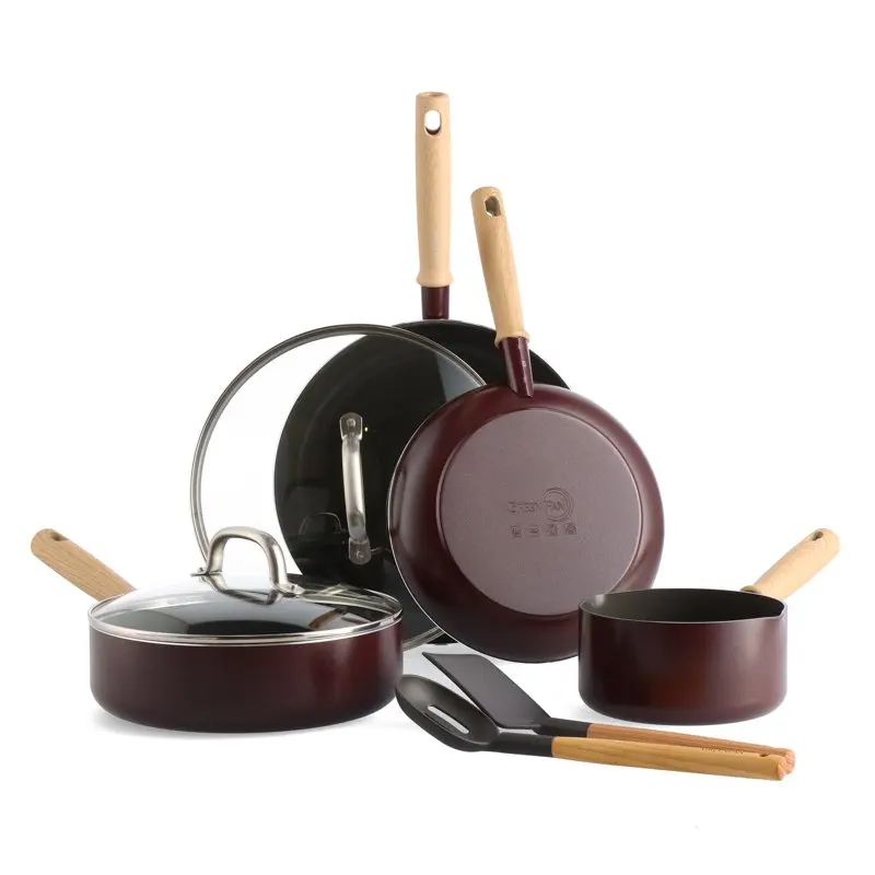 

Hudson Healthy Ceramic Nonstick, 8 Piece Cookware Pots and Pans Set, Wood Inspired Handle, PFAS-Free, Dishwasher Safe, Merlot Re