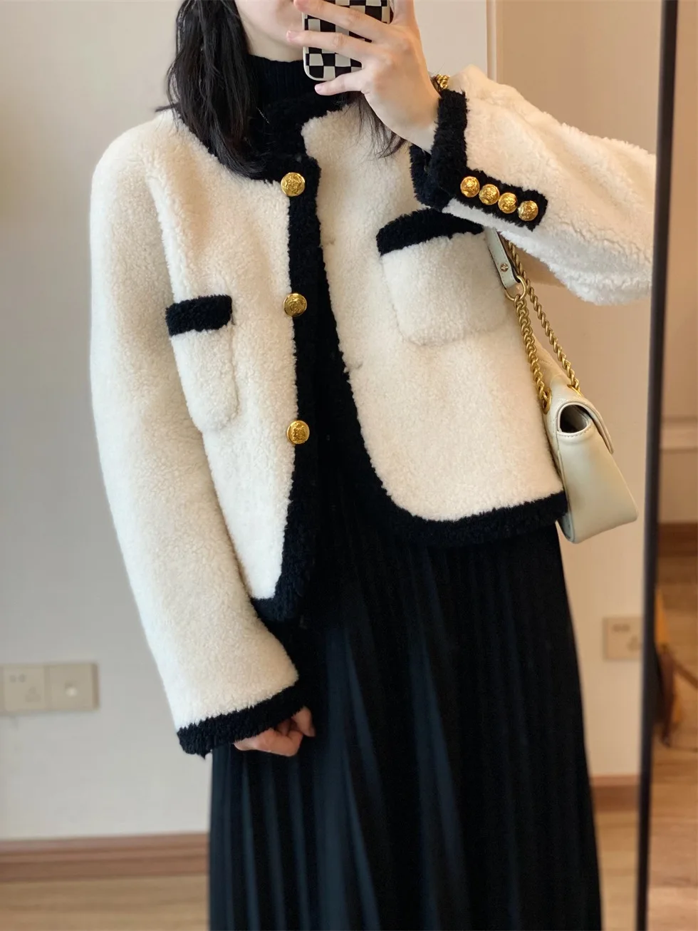 2022 New Winter Jacket Women Single Breasted O-Neck Weave Real Natural Wool Fur Coat Loose Thick Warm Fashion Streetwear E635