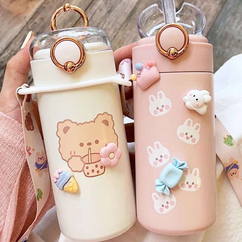 350/480ml Animals Straps Stainless Steel Vacuum Flask Coffee Tea Milk Travel Straw Cup Cute Bear Water Bottle Insulated Thermos