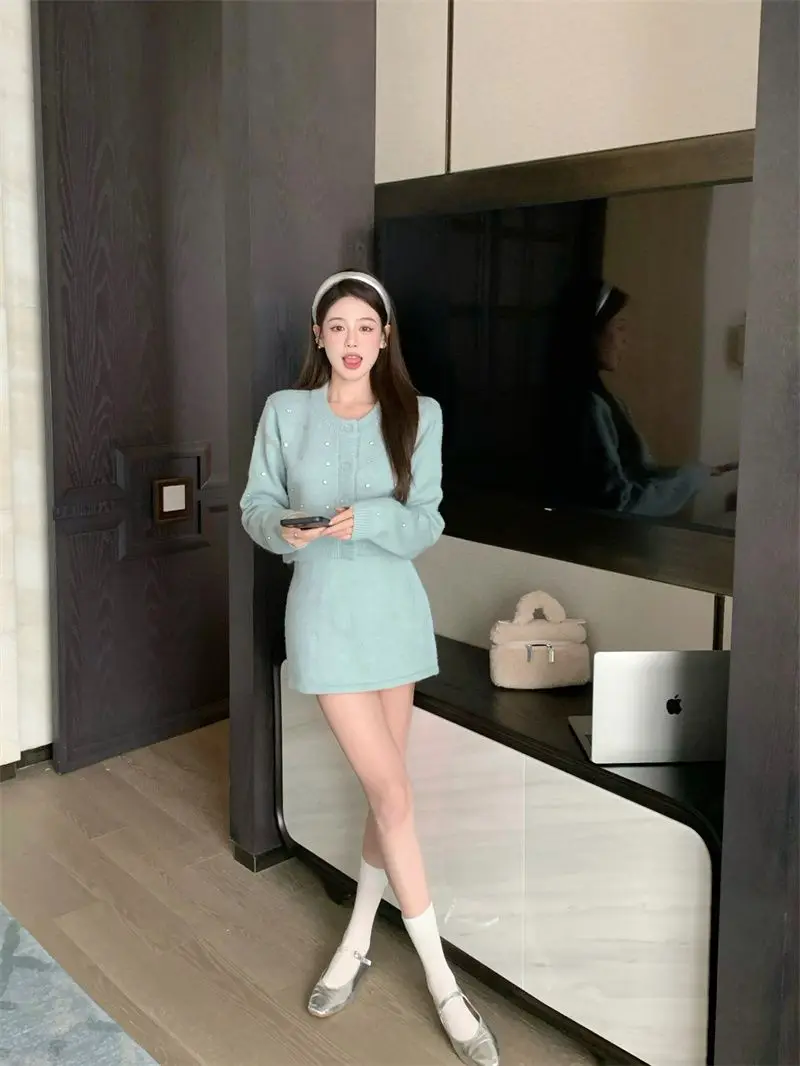 Korejpaa синяя женская одежда короткий вязаный свитер с бриллиантами