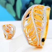 soramoore luxury two layer three dimensional feather leaf bangle ring jewelry set for women bridal wedding engagement jewelry