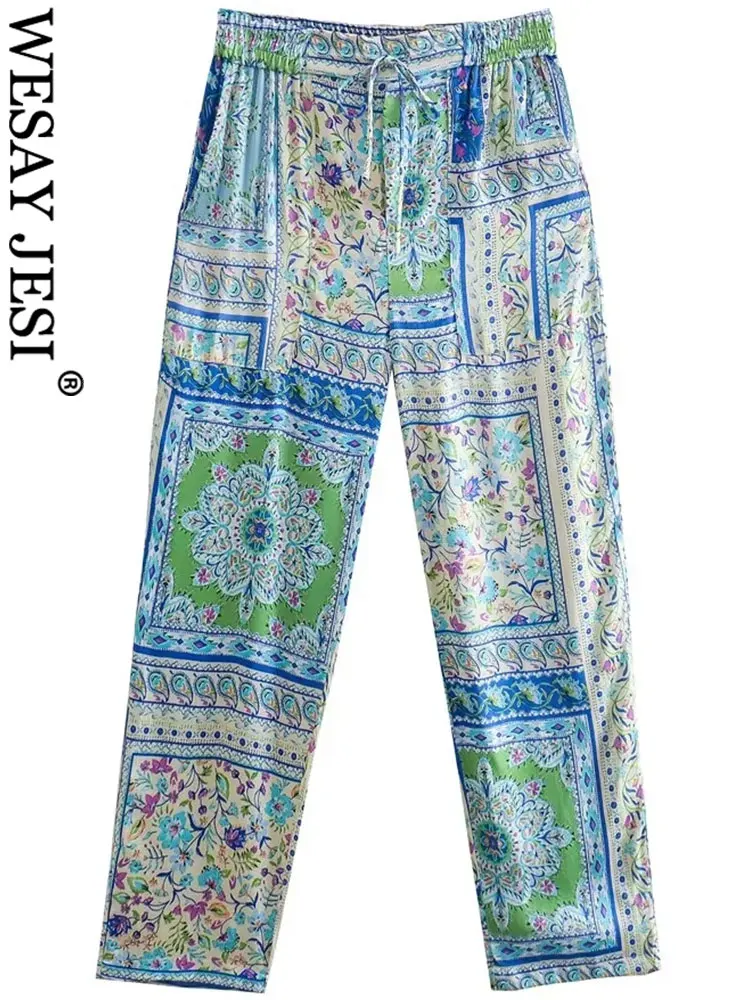

WESAY JESI Fashion Print Flower Casual Pants Drawstring Elastic Waist Asymmetric Pockets Loose Elegant Chic Straight Pants Women