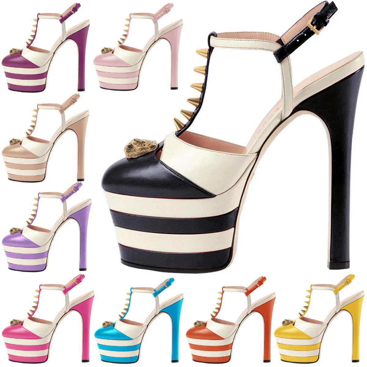 

Women Chunky High Heel T Strap Rivet Sandals Sexy Round Toe Evening Party Striped Trend Shoe Platform Popular Lady Sandal D-SL-2