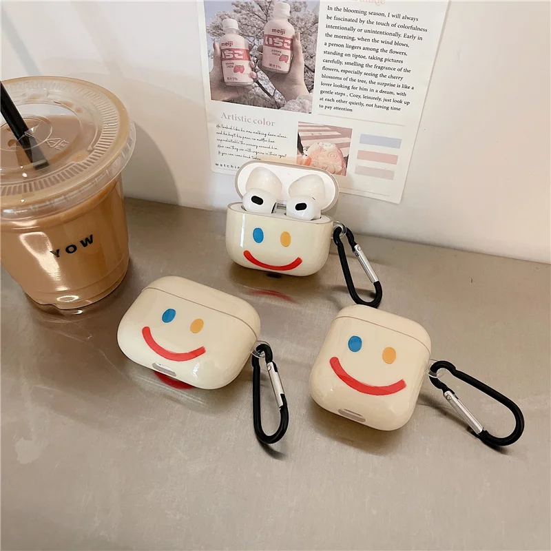

simple Earphone Case for AirPods Pro Cute Cartoon Smiley with Hook Glossy Headphone Case for AirPods 1 2 3 Headset Protect Cover