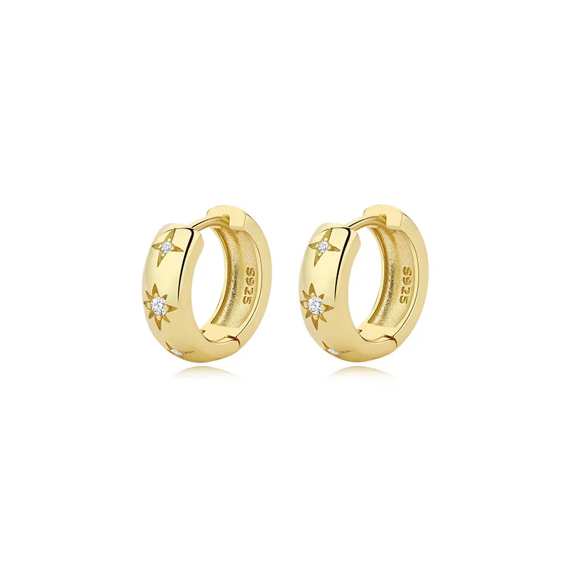 18K Gold Authentic 925 Sterling silver Zircon 4A+ Sparking Star Ear-Bone Piercing Circle Hoop Huggie Earrings Jewelry C-E2349