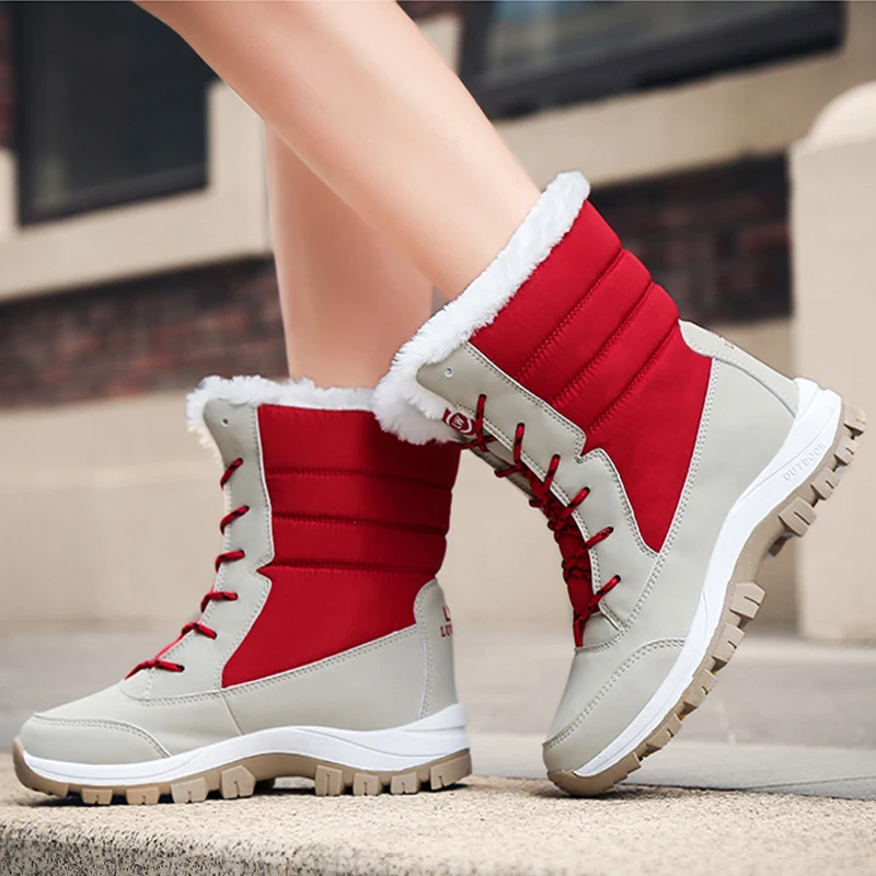 Women Boots Winter Plush Warm Anti-skid Artificial Leather Chunky Shoes Female Walking Footwear Zapatos De Mujer Size 36-42