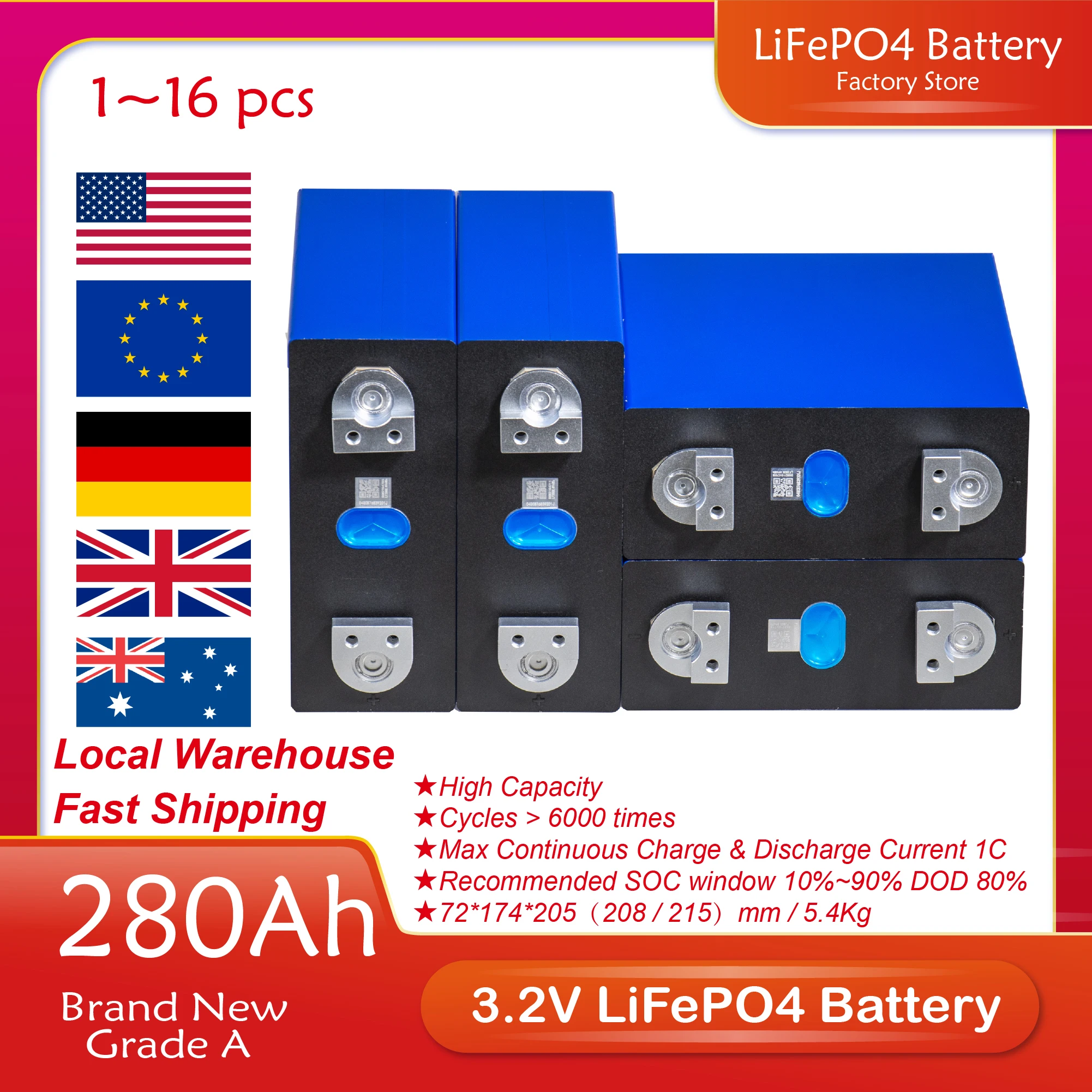 

Аккумуляторы LFP 3,2 В Ач 32/16/8/4 шт., батарейки LF280K с шиной «сделай сам» 48 в 12 В 24 В для домашней энергетической системы