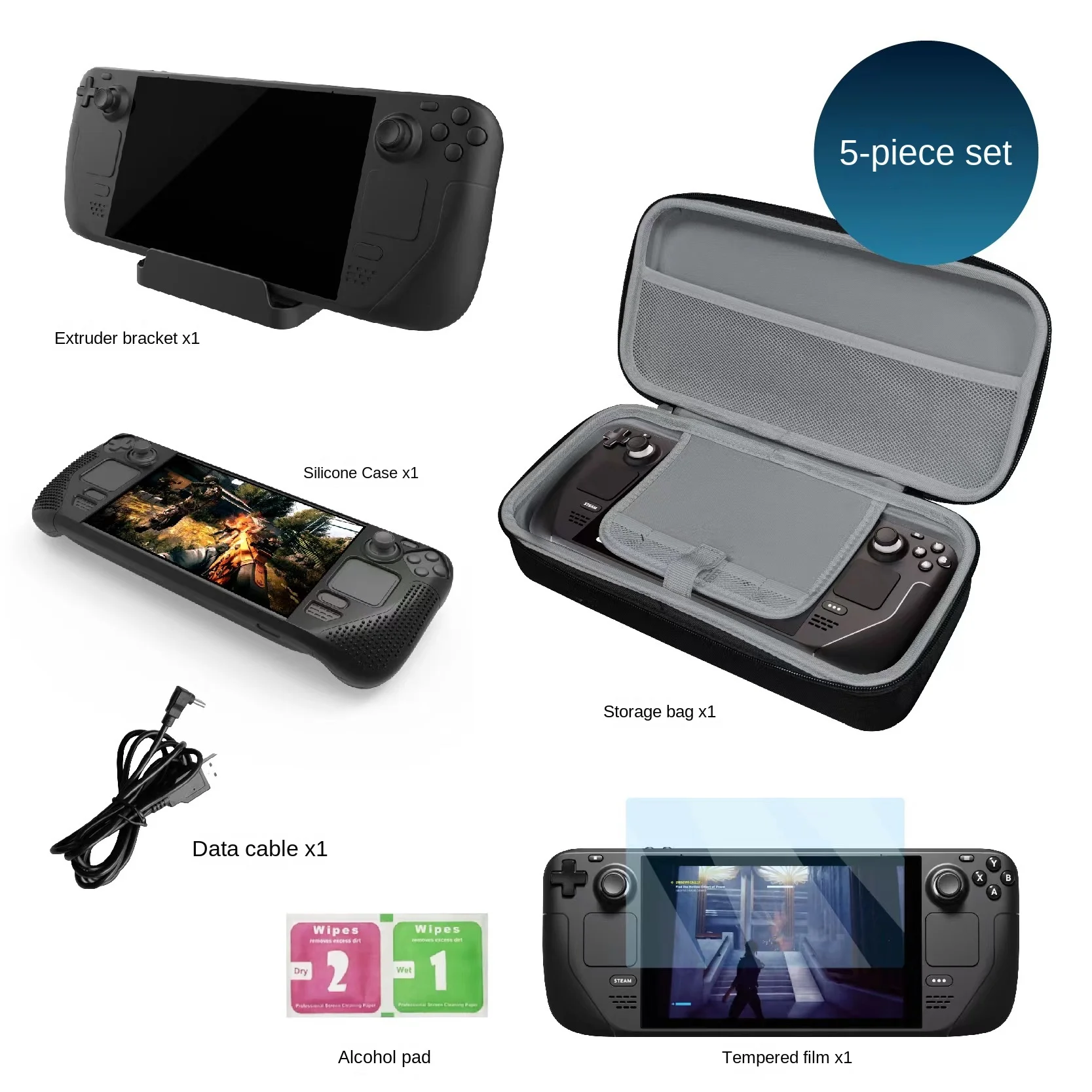 

Mooroer For Steam Deck game console accessories 5 in 1 set plastic sleeve tempered film host bracket charging cable storage bag