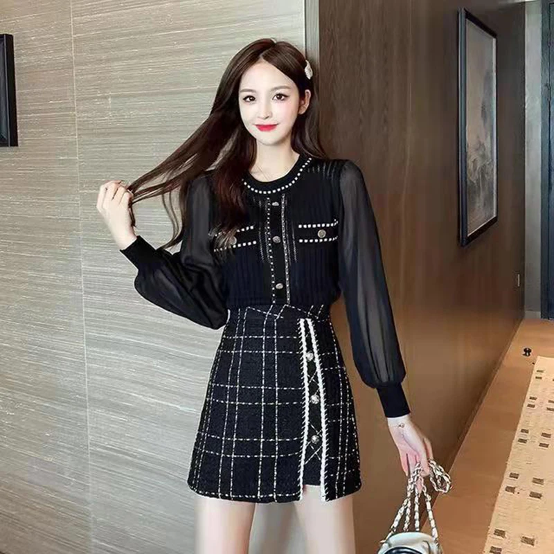 

Button Chiffon Tops Pearls Buttons Plaid Tweed Skirts High Waist Spring Hot Harajuku Office Vintage Elegant Women Two Piece Set