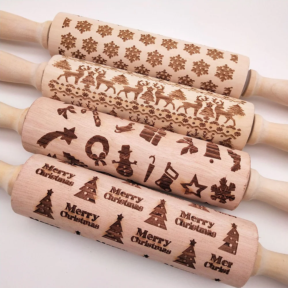 

Christmas Pattern Rolling Pin Snowflake Reindeer Stick Embossed Fondant Cake Baking Mould Engraved Dough Roller Kitchen Tools