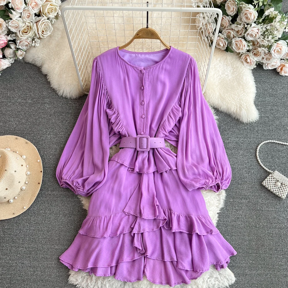 

HIGH STREET Newest 2023 Fashion Women's Bat Long Sleeve Round Neck Ruffle Dress