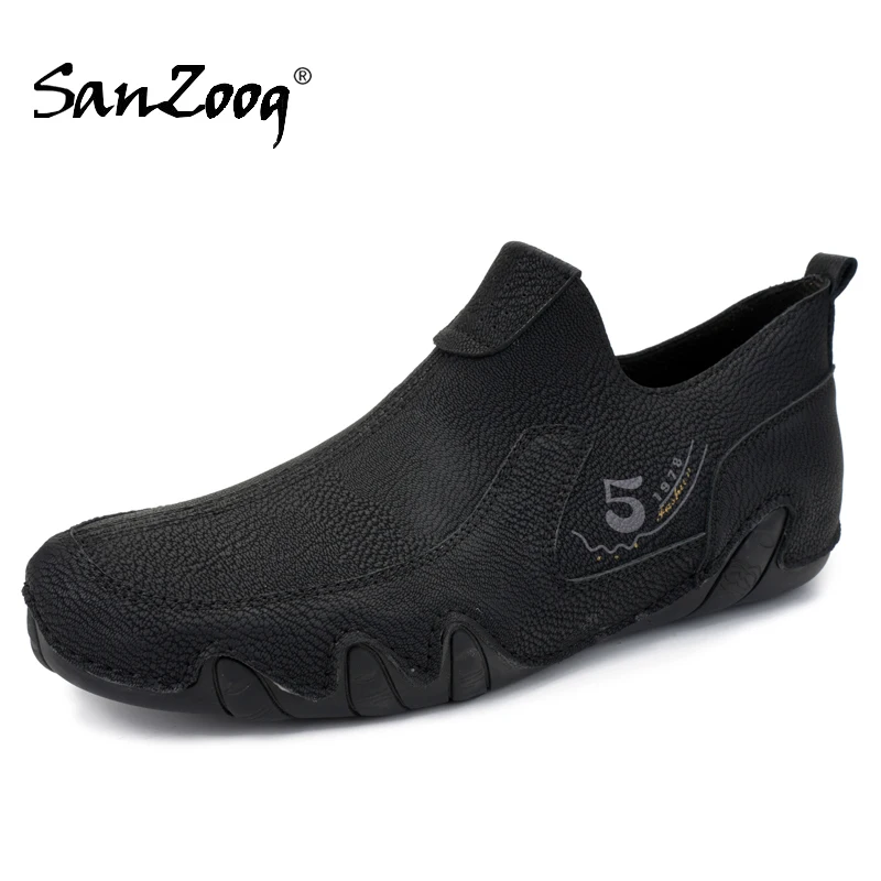 

Pure Black Slip On Handmade Leather Casual Shoes Men Loafers Driving Shoes With Zipper Designs Big Size 47 48