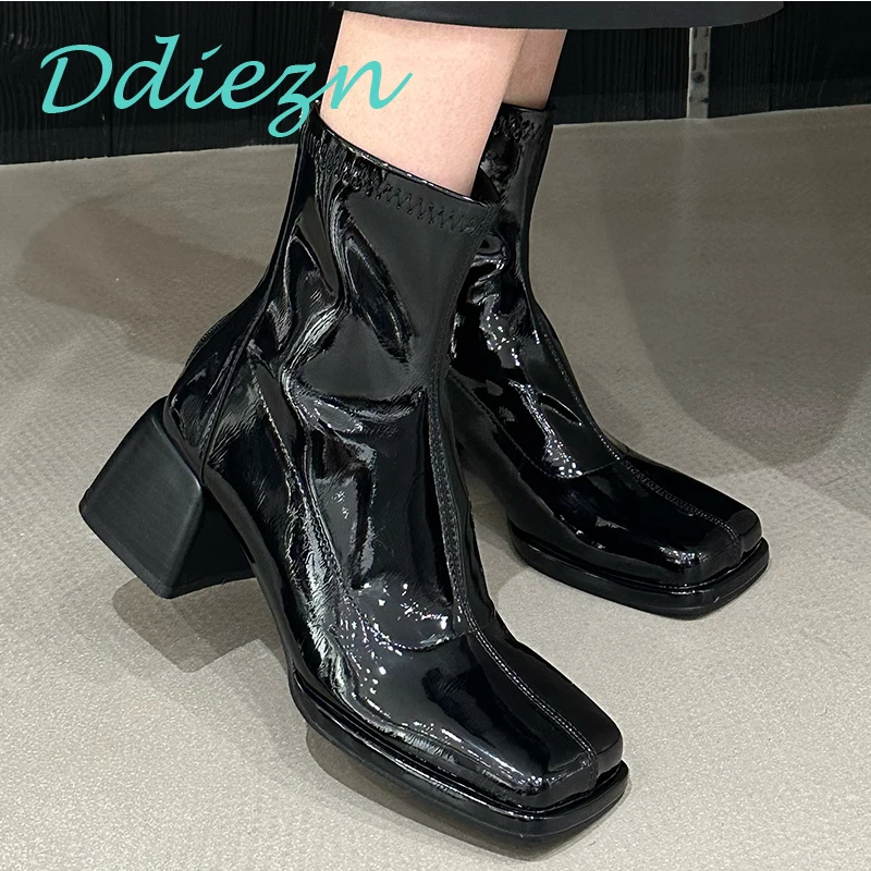 

Fashion Women Ankle Boots Pumps Square Toe Heels Autumn Luxury Western Short Booties Ladies Zipper Shoes Female Footwear