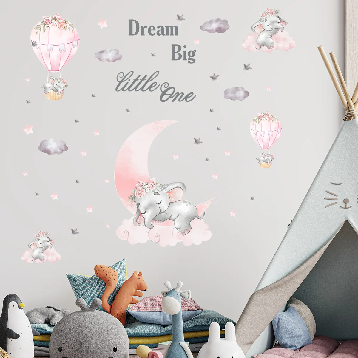 

Kawaii Girl Bedroom Wall Stickers Cute Pink Elephant Hot Air Balloon Star PVC Stickers Baby Children's Room Bedroom Decoration