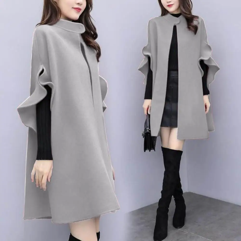 

Women Winter Coat Solid Color Ruffle Formal Elegant Big Hem Midi Length Long Sleeves Cardigan Stand Collar Lady Cloak Coat for D