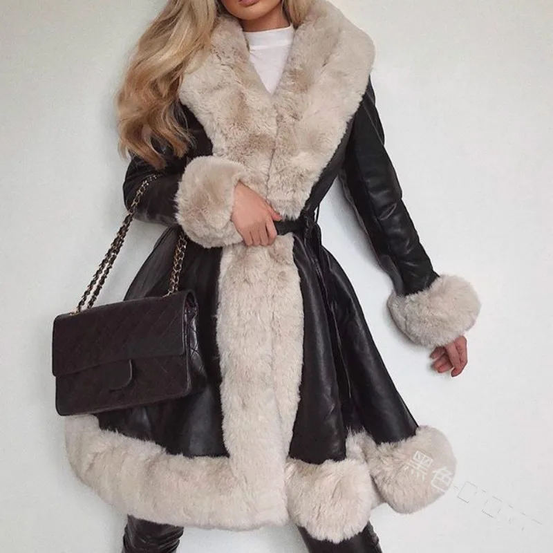 Winter PU Leather Jackets Women Fashion Tie Belt Waist Short Coats Women Elegant Side Pockets Warm Faux Fur Jackets Female Lady