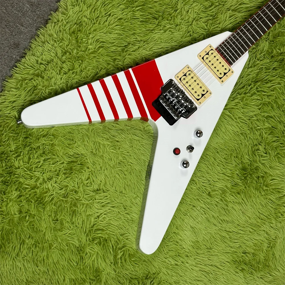 

Free Shipping In Stock Red and white stripes, V-shaped electric guitar, mahogany body, rosewood fingerboard guitar, hardware