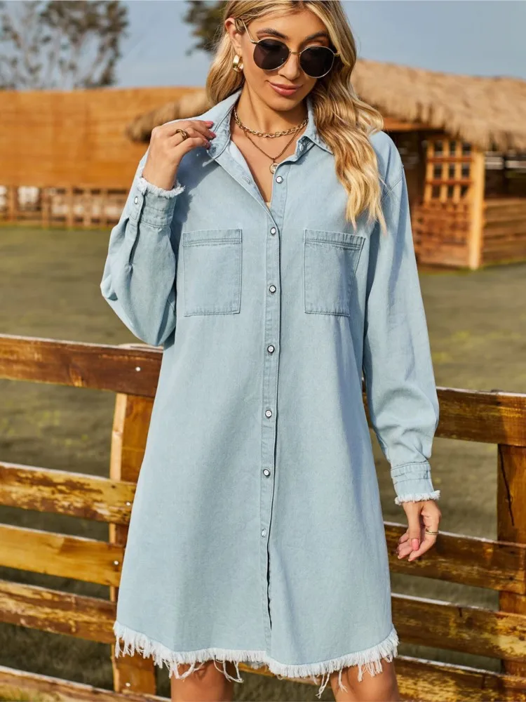 

RDMQ 2023 New Vintage Denim Loose Bodycon Dress Women Casual Long Sleeve Shirt Collar High Waist Dress For Women