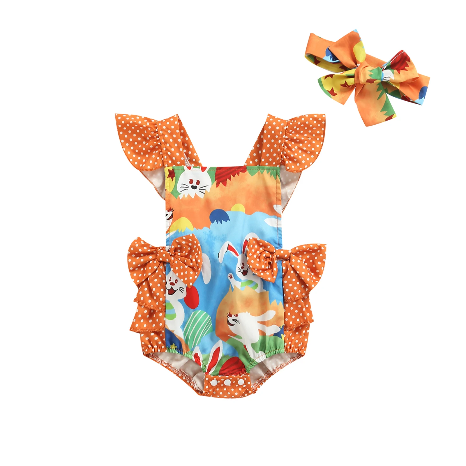 

Newborn Summer Baby Clothing Flying Sleeve Bodysuit Easter Rabbit Printing Wave Points Short Jumpsuit with Decorative Headband