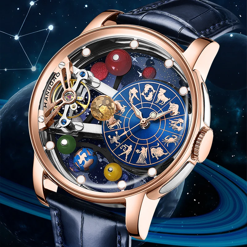 Фото Мужские полностью автоматические механические часы HANBORO Celestial Series 12 Constellation с эффектом звездного неба и ночной подсветкой, трендовые №1