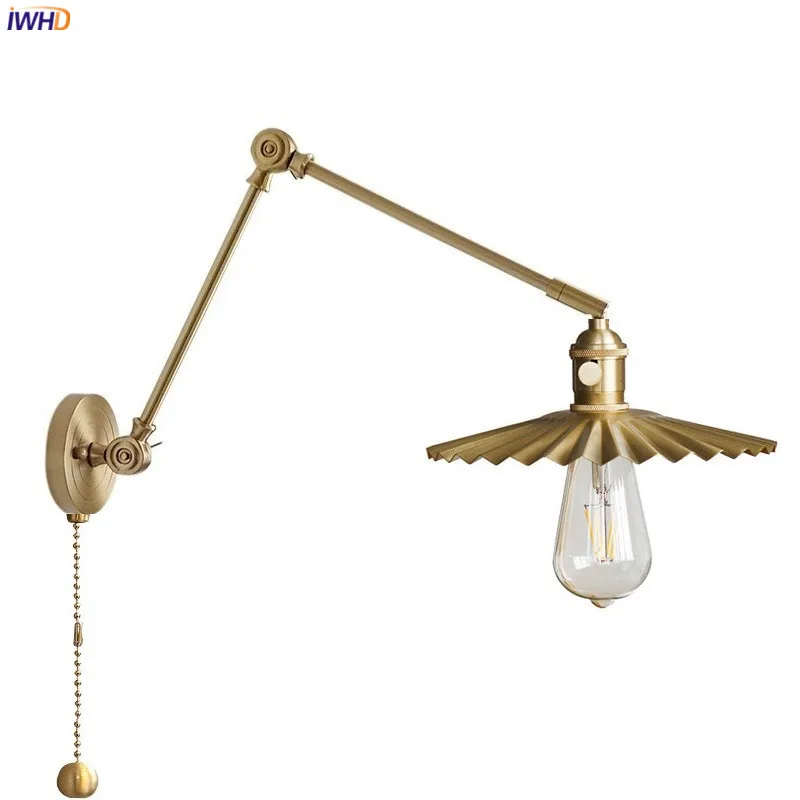 

IWHD Ajustable Copper Arm LED Wall Lights Fixtures For Living Room Bedroom Bathroom Pull Chain Switch Modern Wall Sconce Lamps