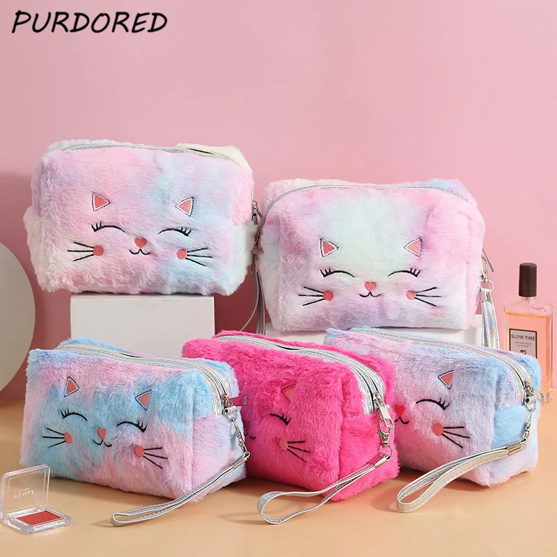 PURDORED 1 шт. зимняя теплая меховая косметичка в виде кошки, Женская плюшевая косметичка, женская косметичка, дорожная большая косметичка