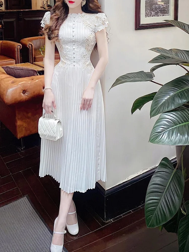 

HMA New Fashion Designer Runway Summer Dress Women's White Lace Rose Flower Embroidery Short Sleeve Beautiful Long Dresses