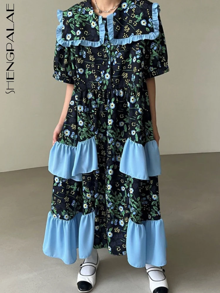 

SHENGPALAE корейское шикарное элегантное платье для женщин Питер Пэн воротник короткий рукав Высокая талия 2022 Новая Летняя мода 5AE1311