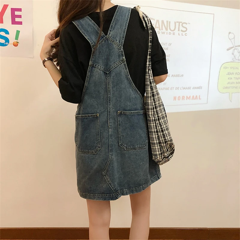 Нестандартный дизайн джинсовое короткое платье на бретельках женское свободное