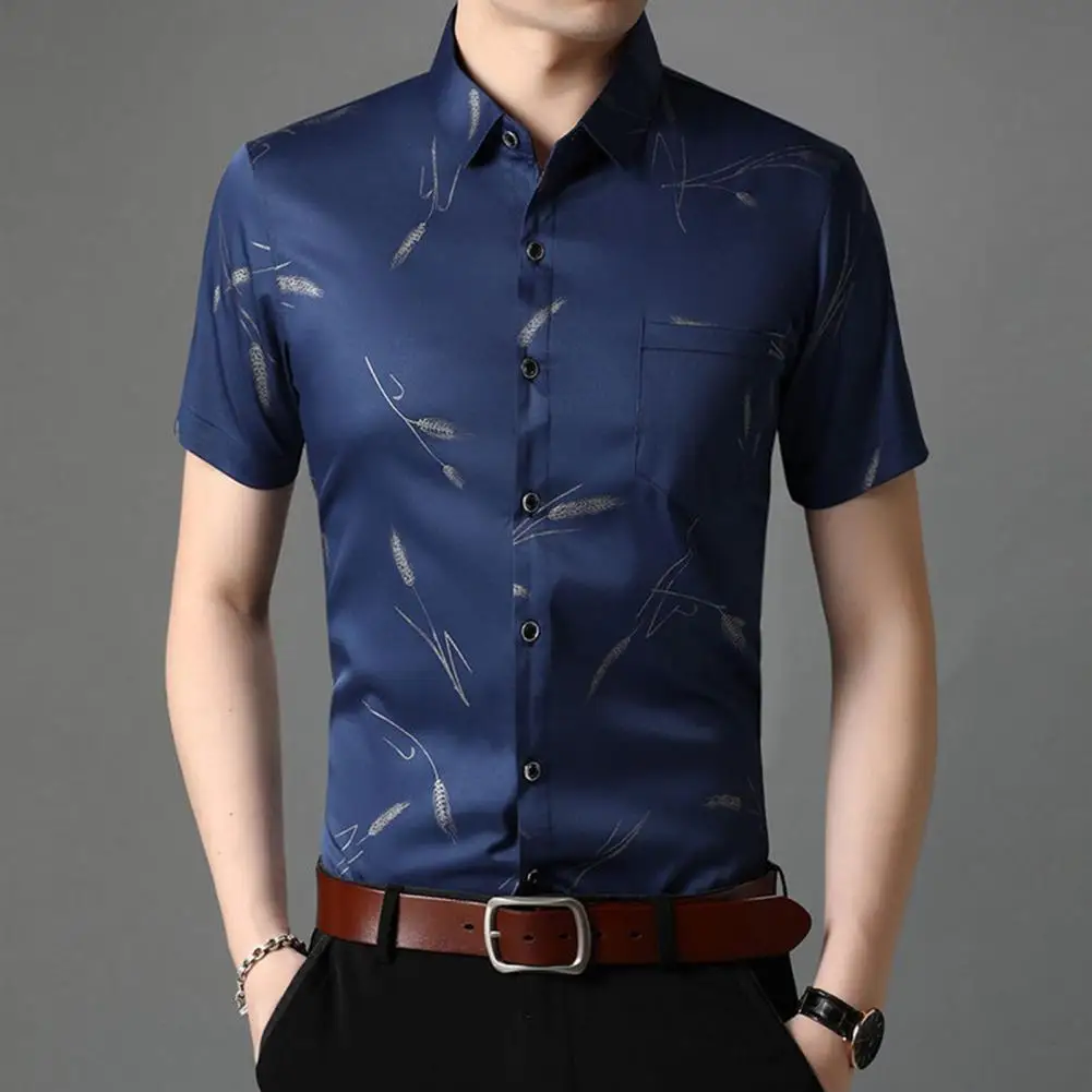 

Men Fashion Short Sleeve Single-breasted Shirt Wheat Pattern Men Shirt All Match for Holiday