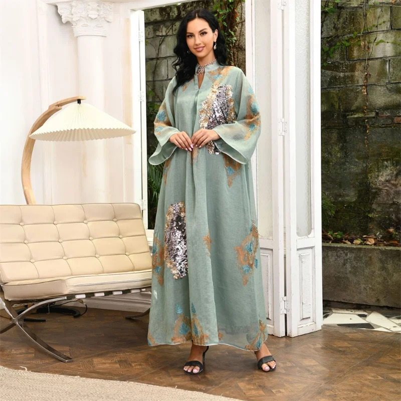 Muslim Abaya Dress Dubai Ramadan Sequins Floral Embroidered Casual Loose Robe Moroccan Caftan Dresses For Women