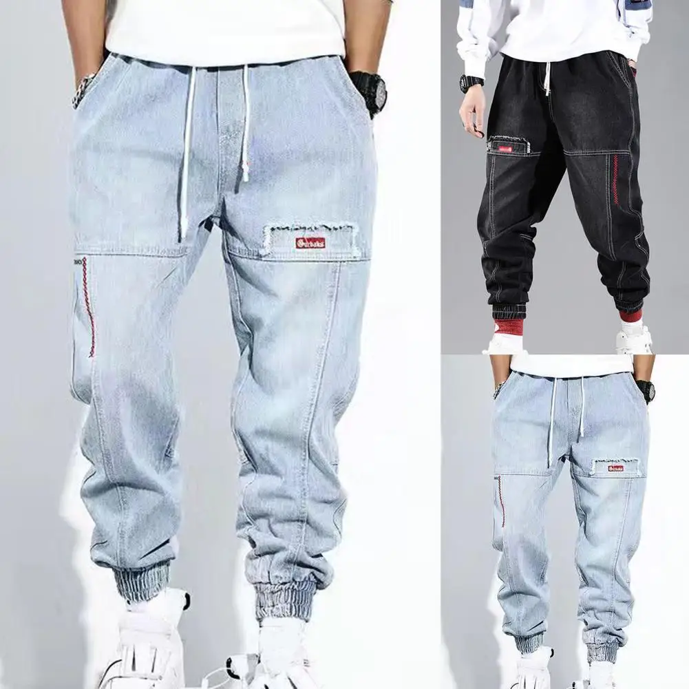 

Men Drawstring Jeans Hip-hop Style Solid Color Ripped Elastic Waist Ankle-banded Casual Student Trousers for Daily Wear